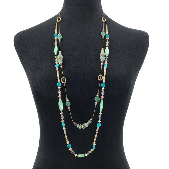C1946 Necklace Double Strand Layered Beaded Gold Tone Blue Casual Work Wear Boho - Picture 1 of 3
